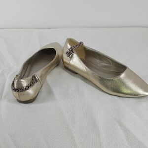 Gold Pointed Toe Flats with Decorative Element